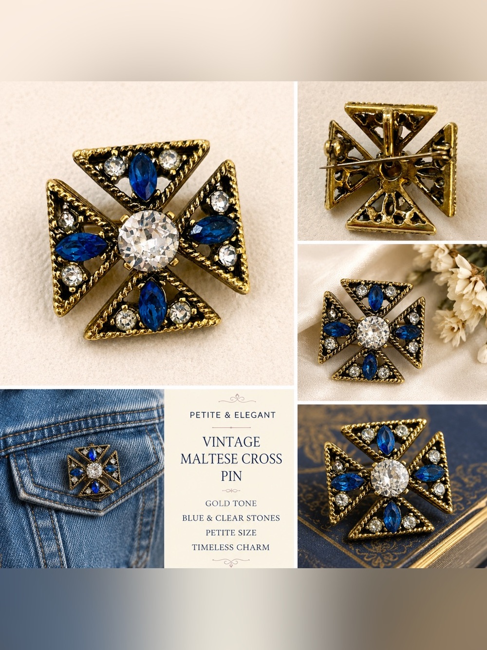 Vintage Petite Maltese Cross Pin - Gold Tone with Blue & Clear Stones